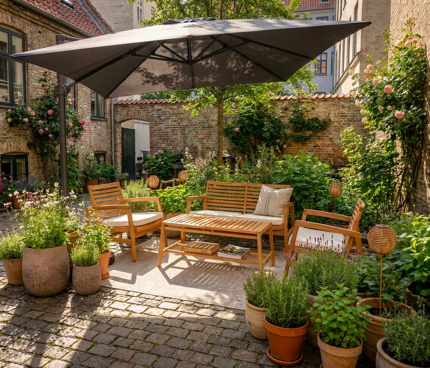 Gårdhave med havemøbler og parasol