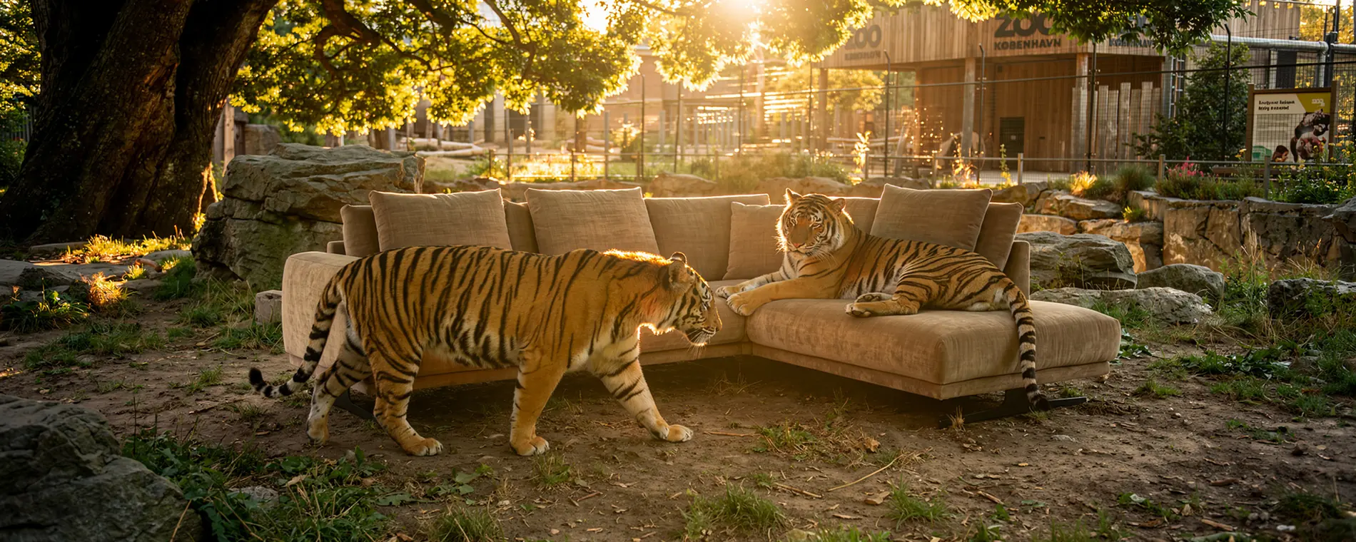 Sofa i solnedgang med tigre